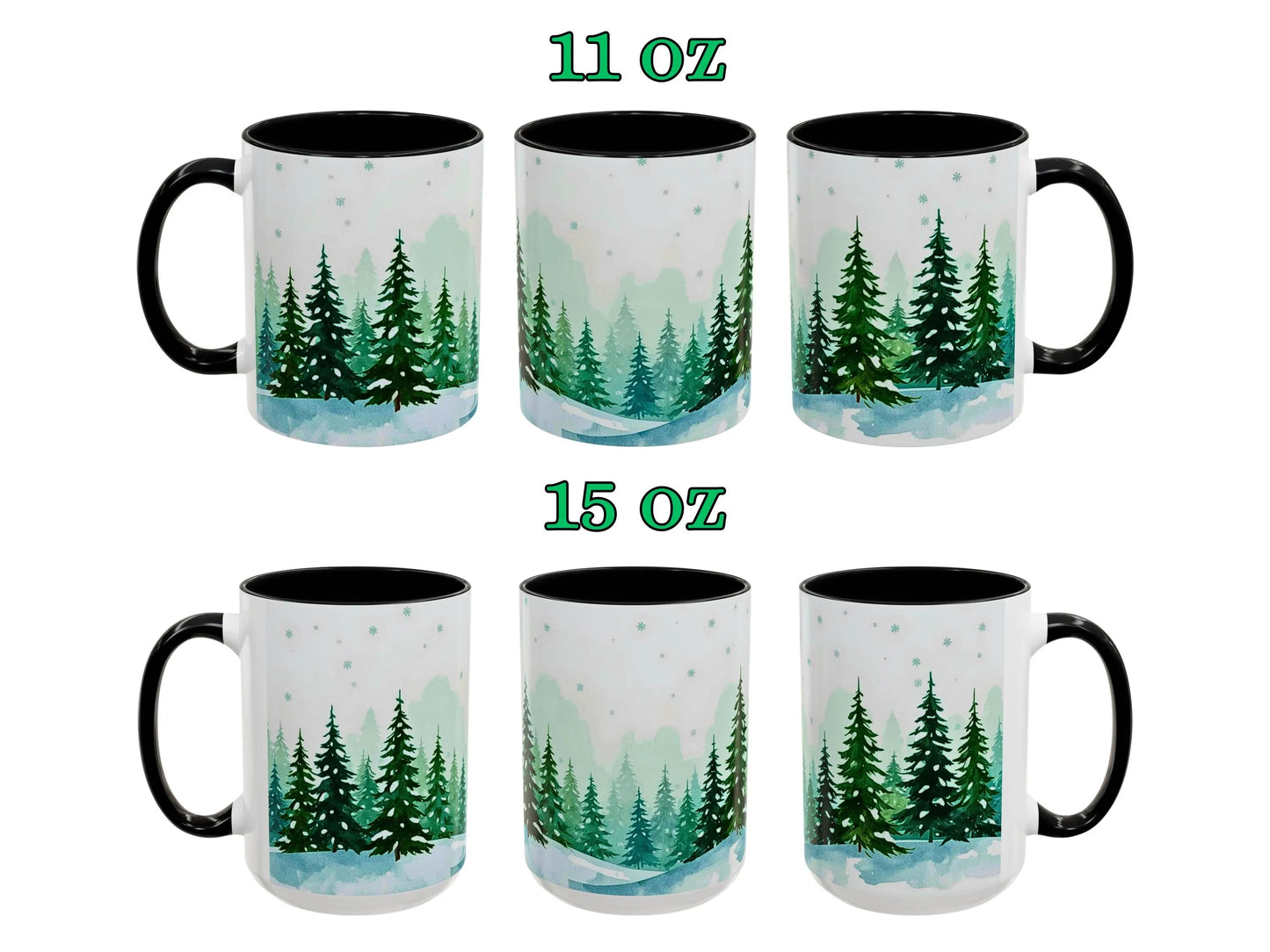 Set of six mugs with forest design, two sizes labeled 11 oz and 15 oz.