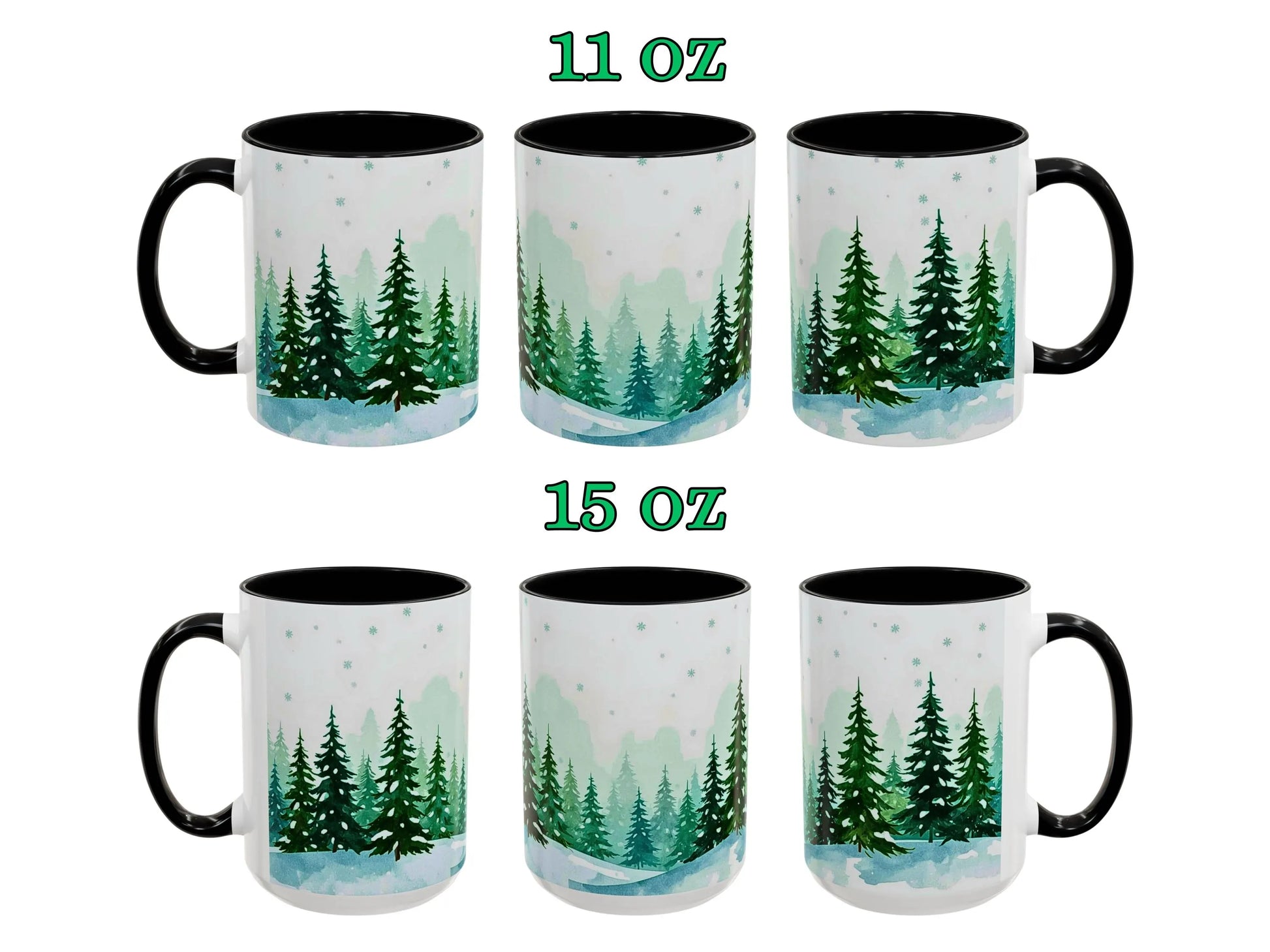 Set of six mugs with forest design, two sizes labeled 11 oz and 15 oz.