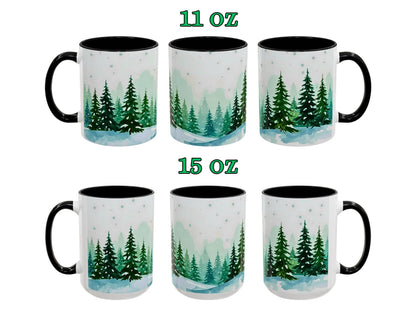 Set of six mugs with forest design, two sizes labeled 11 oz and 15 oz.