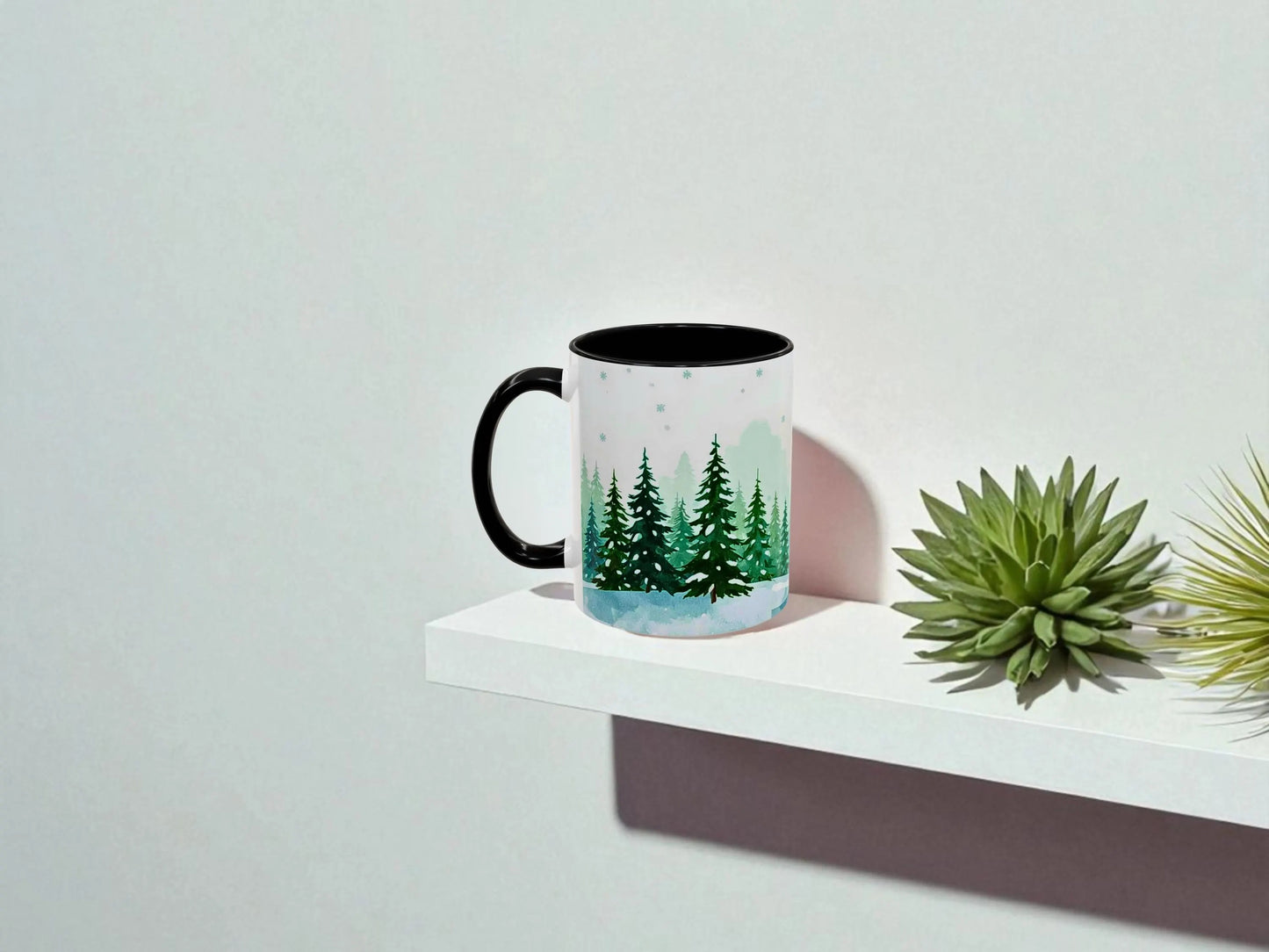 Mug with forest design on a white surface with plants