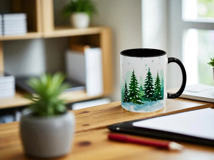 Mug with forest design on a desk with a plant and tablet in the background
