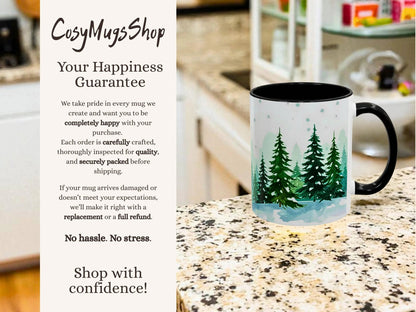 Mug with tree design on a countertop next to 'Cosy Mugs Shop' text