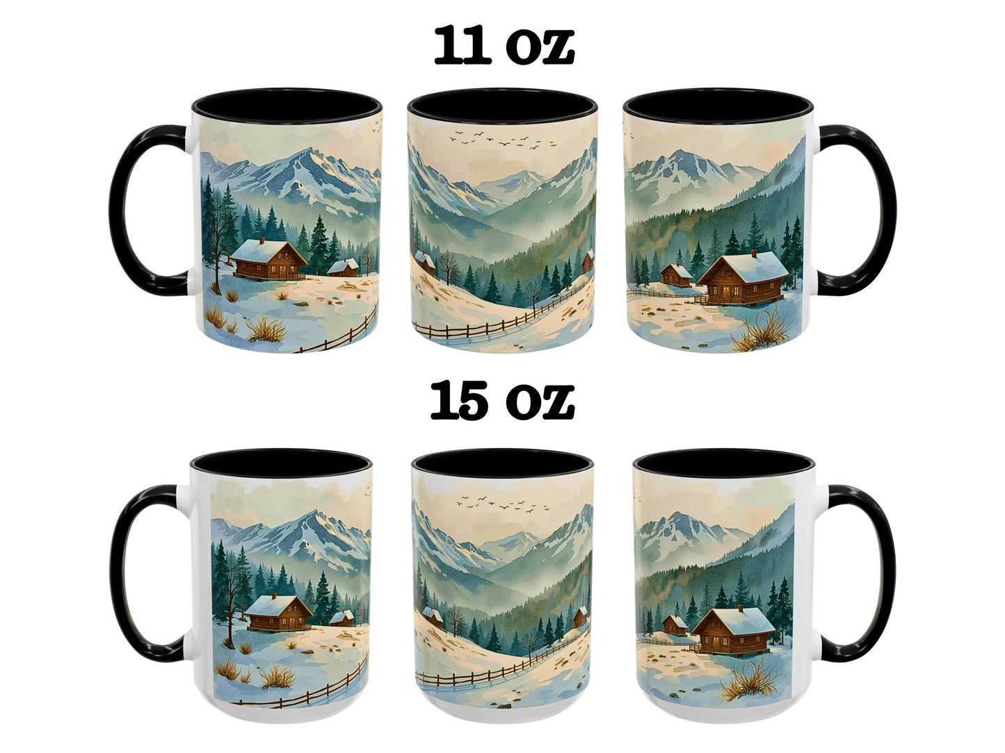 Set of five mugs with mountain and cabin design, labeled 11 oz and 15 oz.