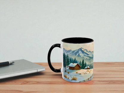 Mug with a winter landscape design on a wooden table with a light gray background