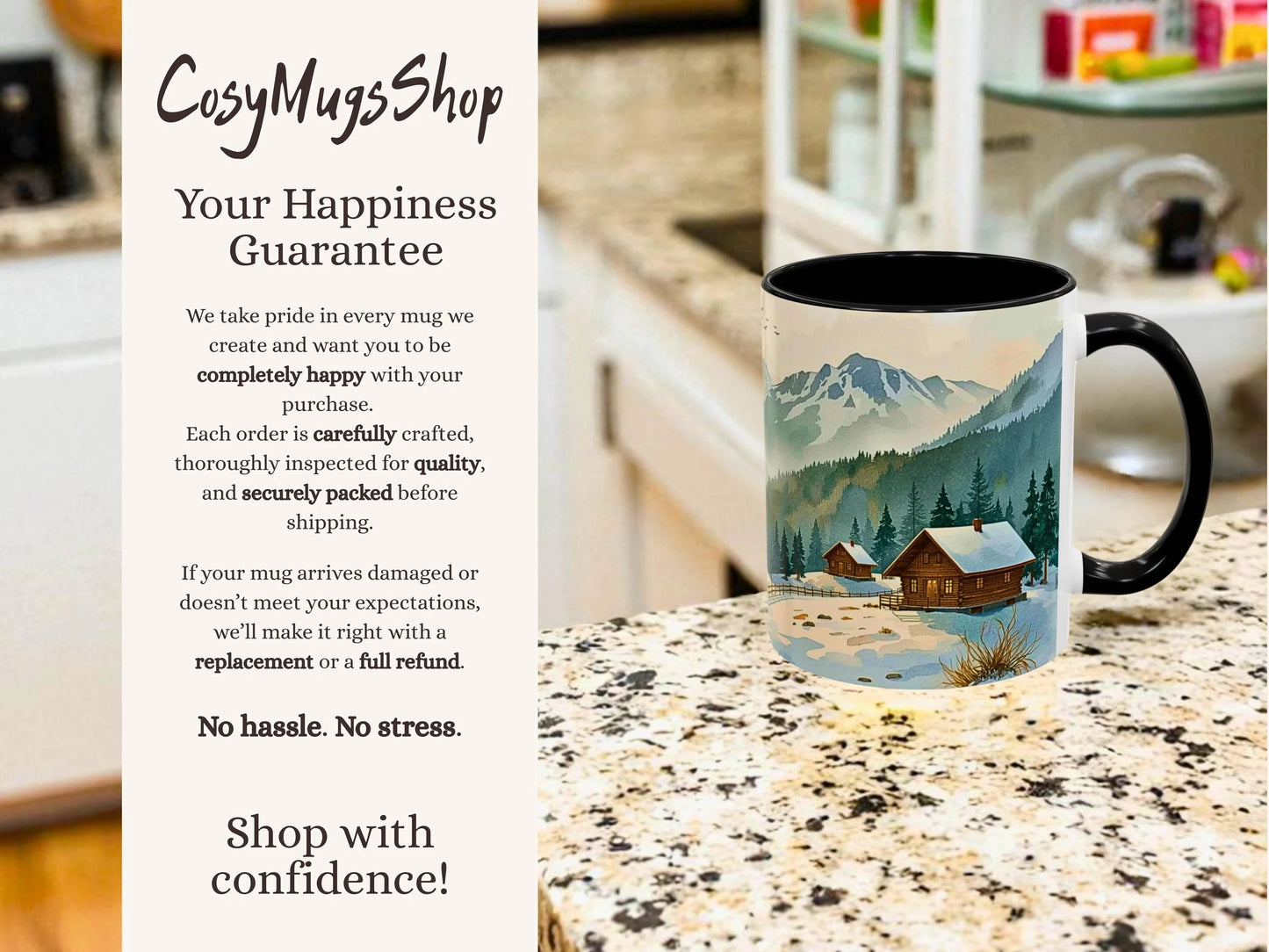 Mug with mountain and cabin design on a countertop, next to 'Cosy Mugs Shop' text.