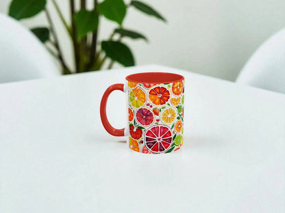 Colorful mug with citrus pattern on a white surface