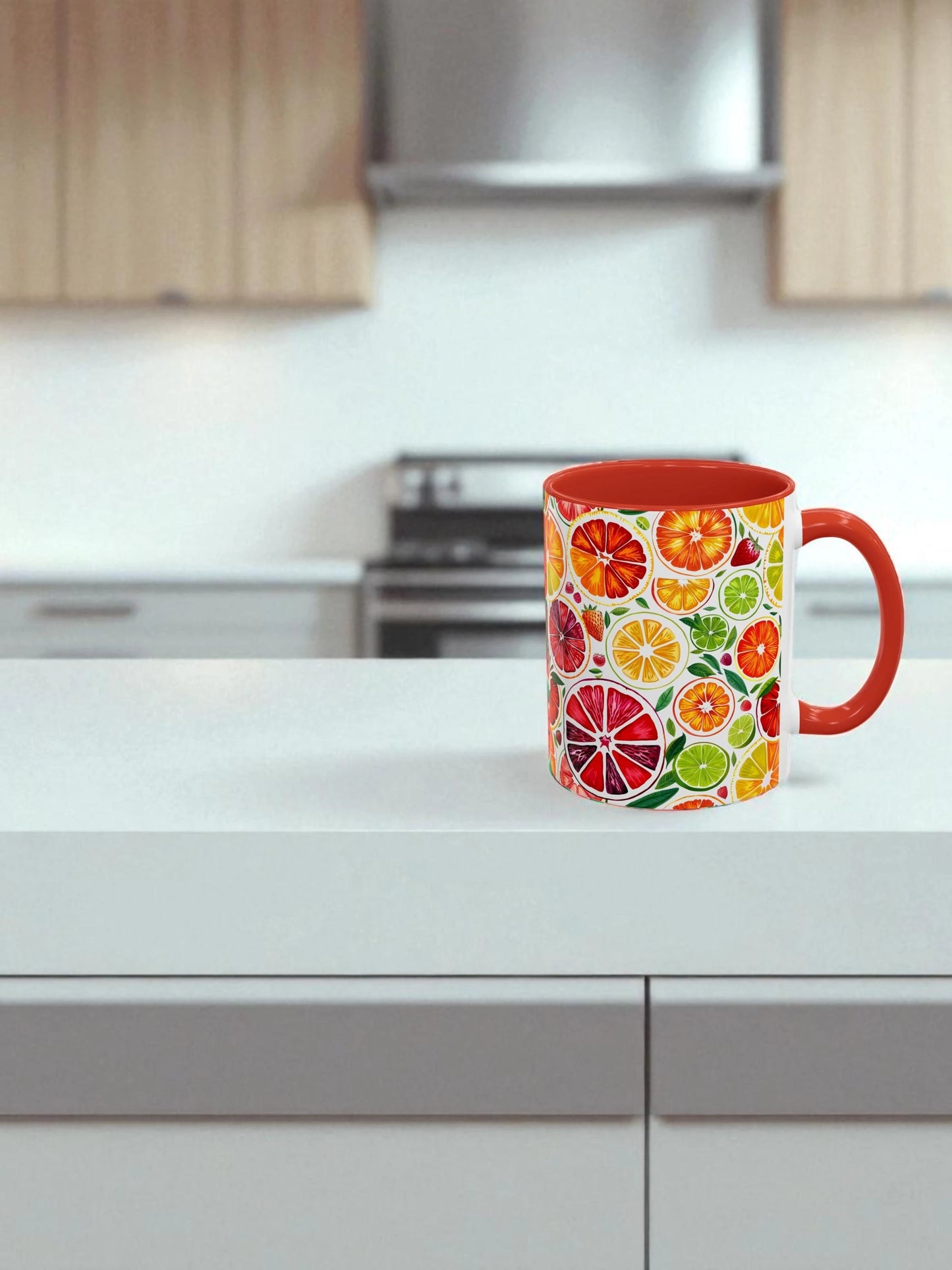 Colorful mug with fruit pattern on a kitchen counter