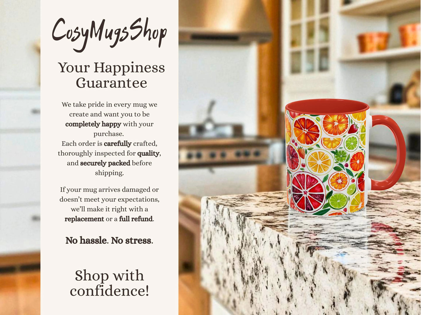 Colorful mug with fruit pattern on a kitchen counter, featuring 'CosyMugsShop' text.
