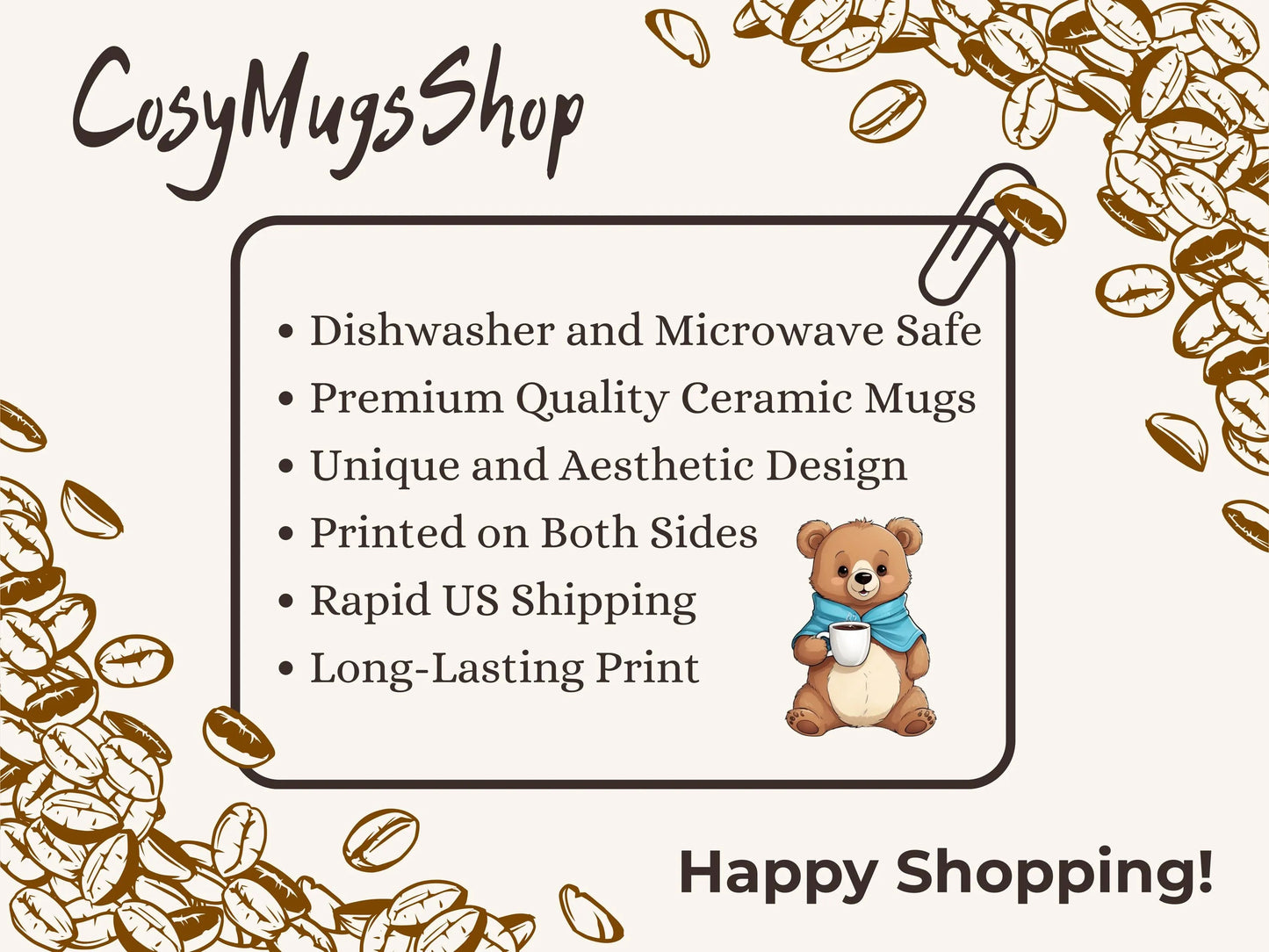 CosyMugsShop advertisement with a bear illustration and product features on a white background with coffee bean design.