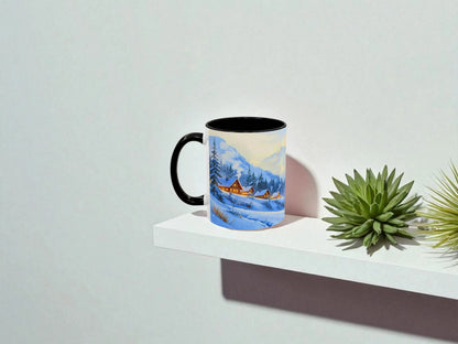 Mug with a scenic design on a white surface with plants