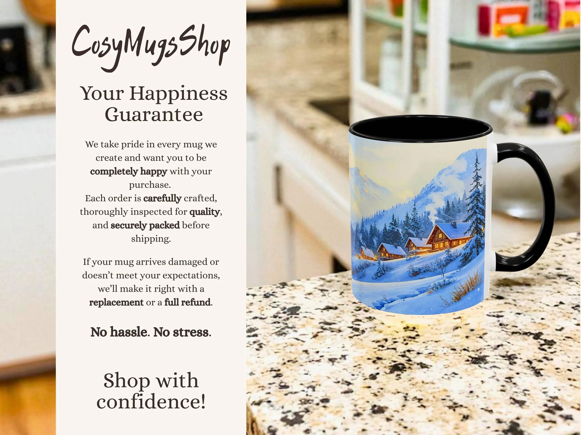 Mug with winter scene design on a countertop next to promotional text for 'Cosy Mugs Shop'.