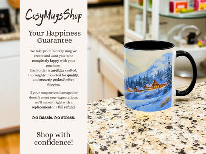 Mug with winter scene design on a countertop next to promotional text for 'Cosy Mugs Shop'.