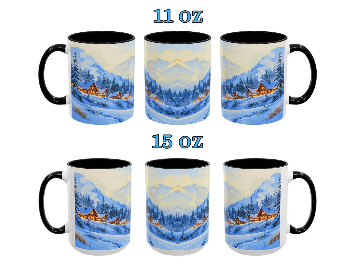 Two sets of mugs with a winter landscape design, one set labeled 11 oz and the other 15 oz.