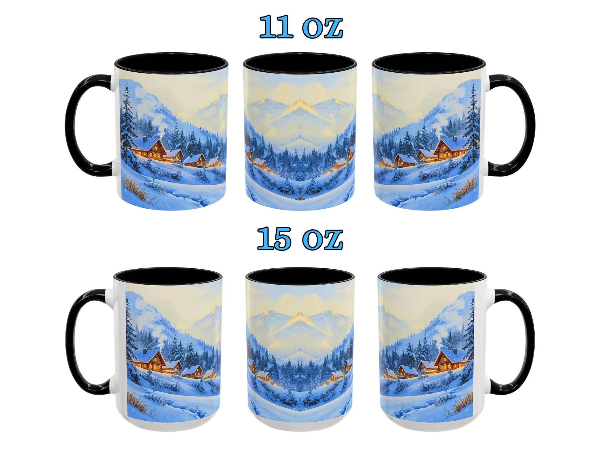 Two sets of mugs with a winter landscape design, one set labeled 11 oz and the other 15 oz.