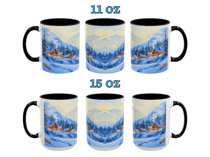 Two sets of mugs with a winter landscape design, one set labeled 11 oz and the other 15 oz.