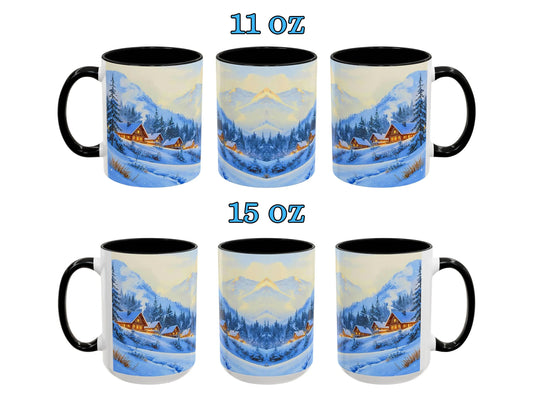 Two sets of mugs with a winter landscape design, one set labeled 11 oz and the other 15 oz.