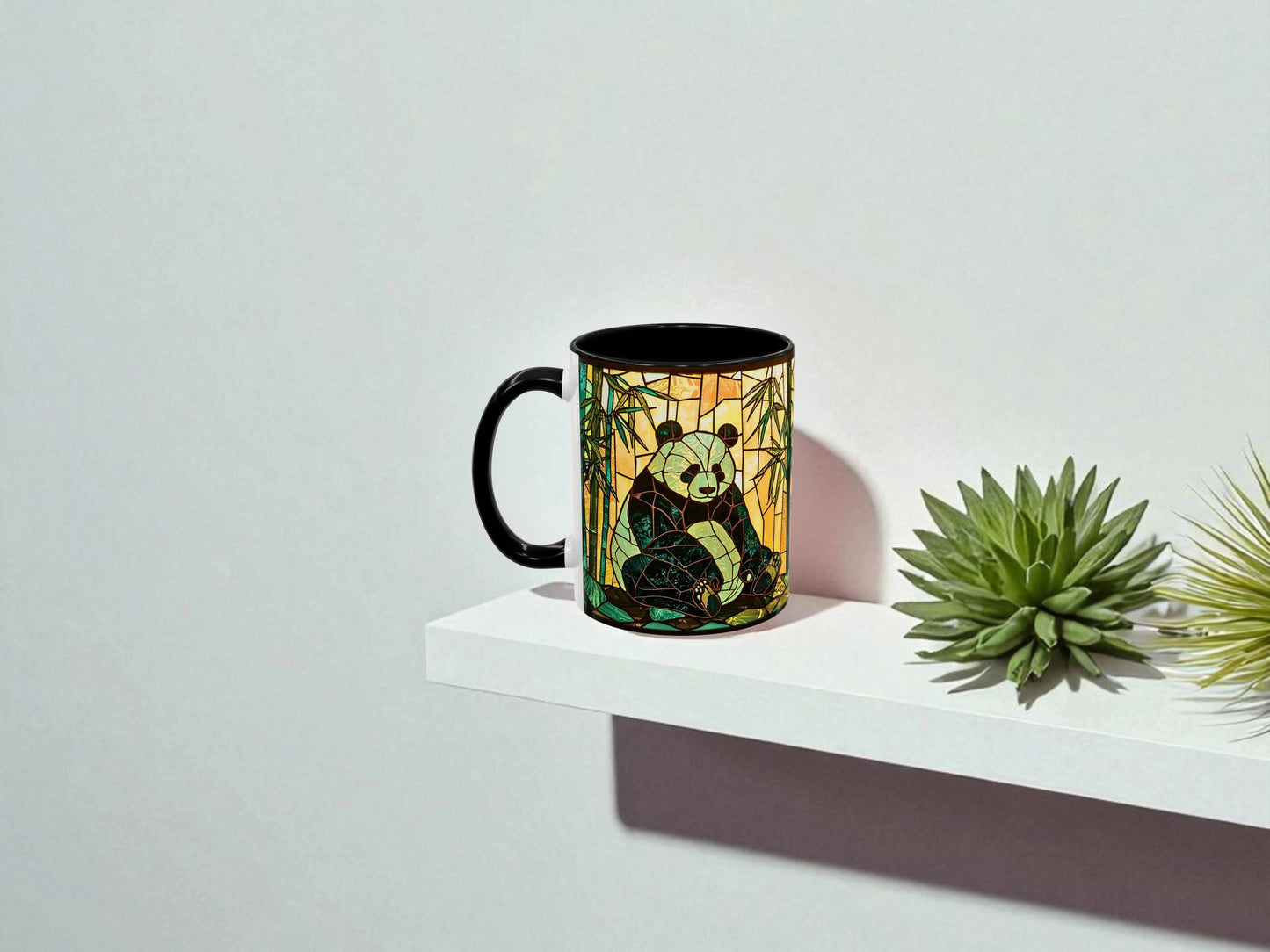 Mug with panda design on a white shelf with plants