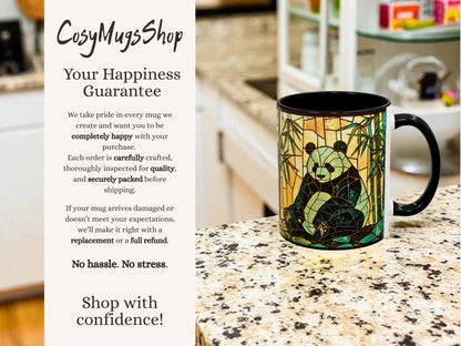 Stained glass mug with panda design on a kitchen counter, featuring 'CosyMugsShop' text.