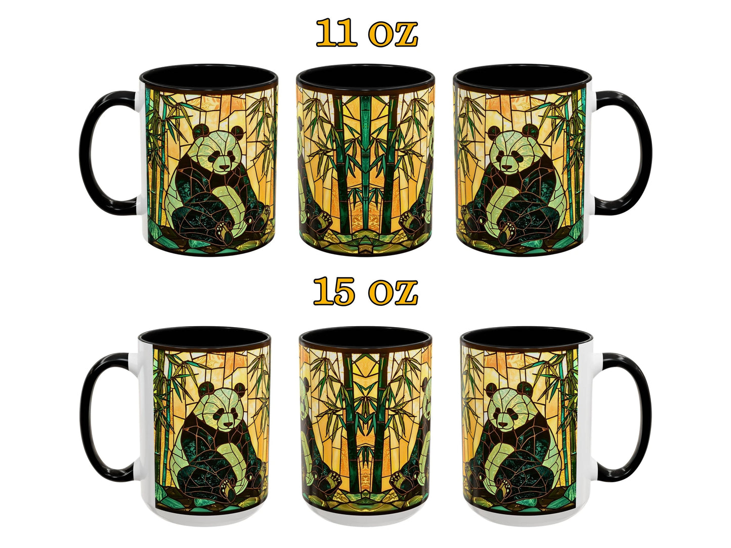 Set of six mugs with panda design, two sizes labeled 11 oz and 15 oz.