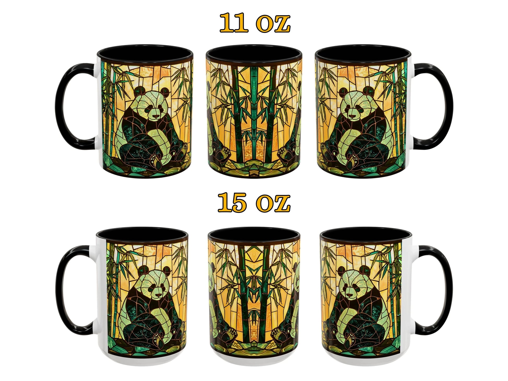 Set of six mugs with panda design, two sizes labeled 11 oz and 15 oz.