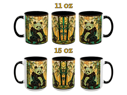 Set of six mugs with panda design, two sizes labeled 11 oz and 15 oz.