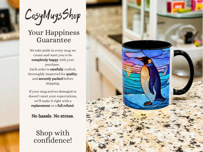 Mug with penguin design on a kitchen counter, featuring 'CosyMugsShop' text.