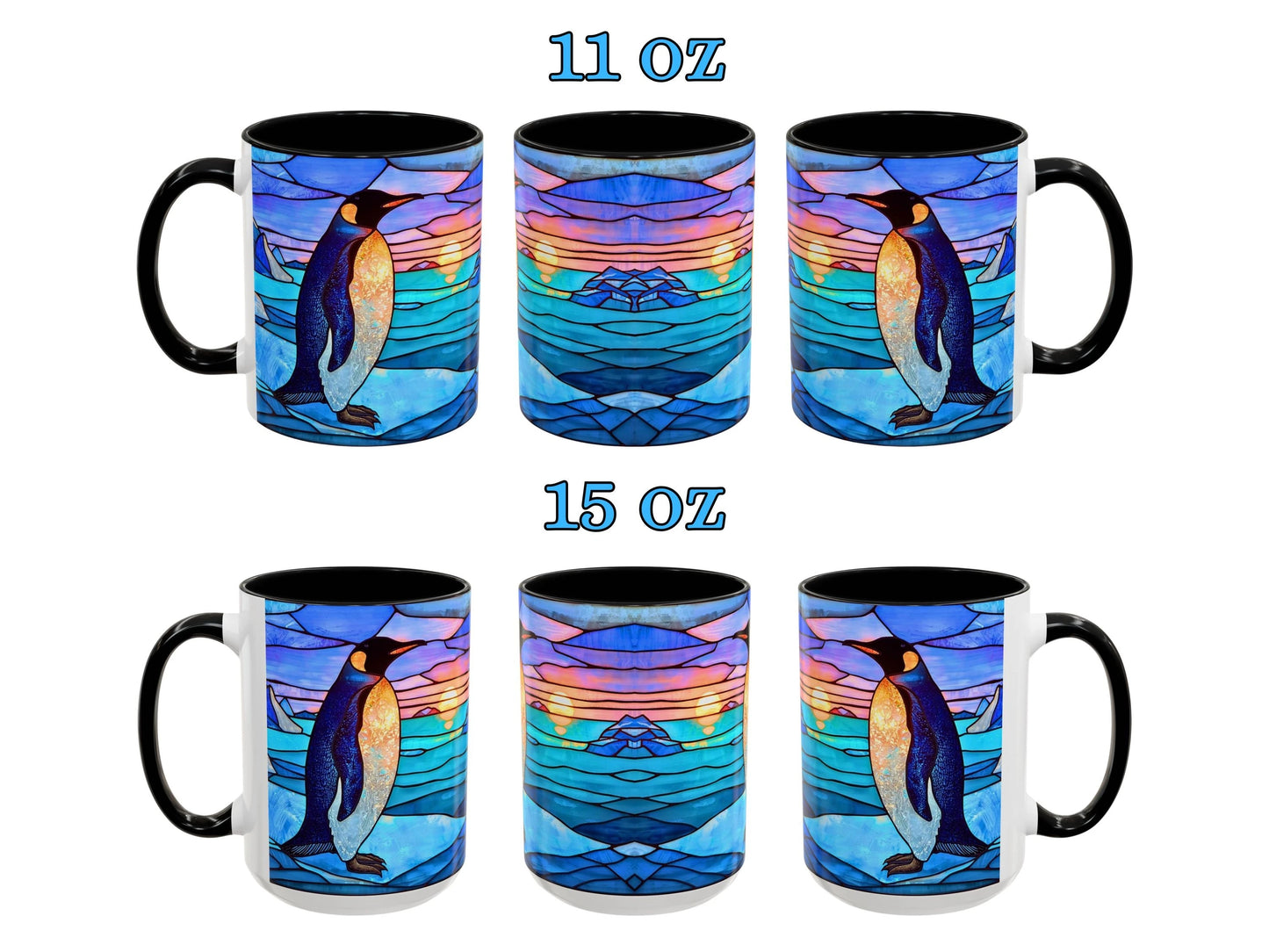 Set of six mugs with penguin design, two sizes labeled 11 oz and 15 oz.