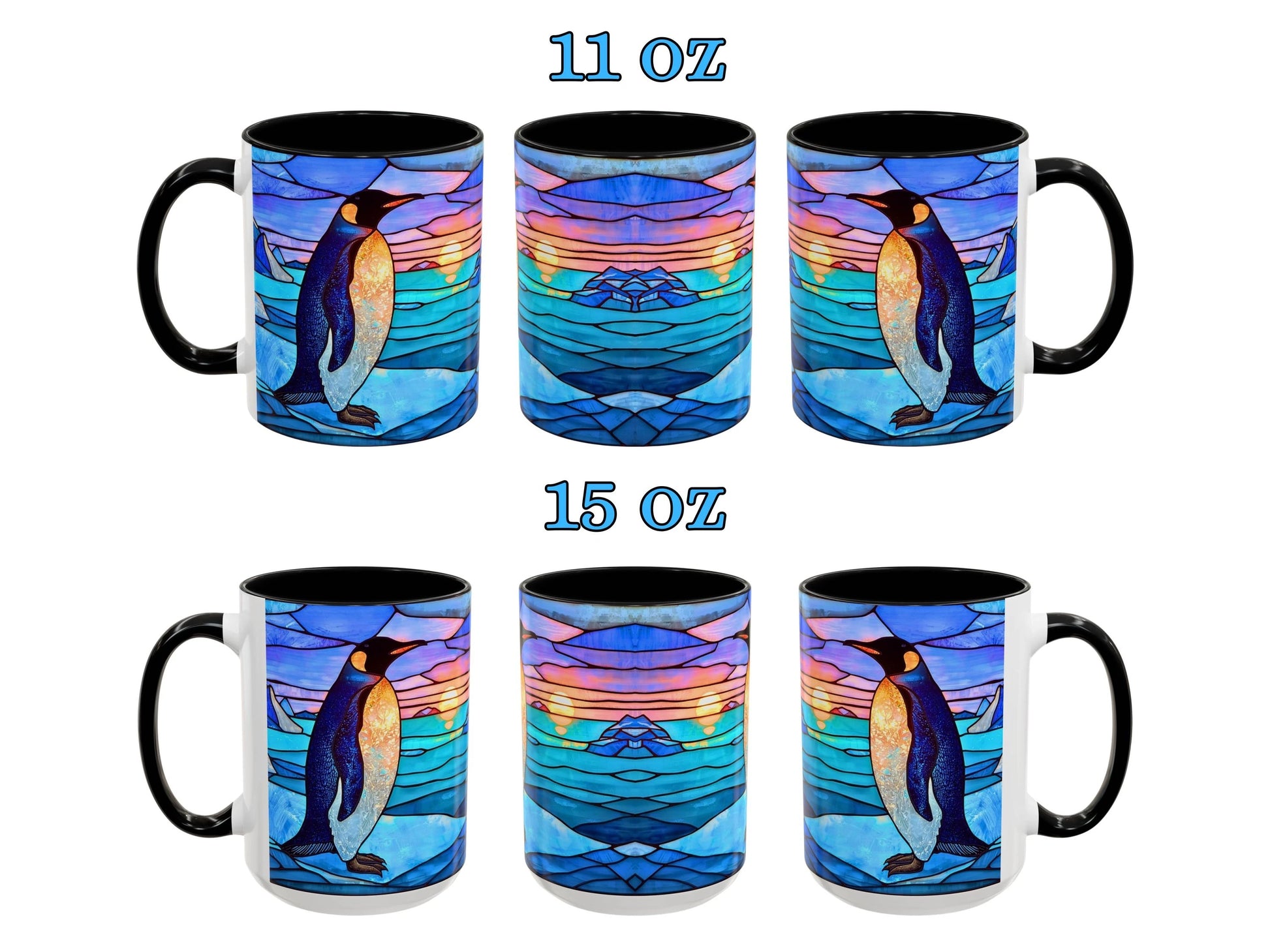 Set of six mugs with penguin design, two sizes labeled 11 oz and 15 oz.