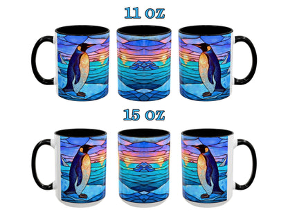 Set of six mugs with penguin design, two sizes labeled 11 oz and 15 oz.