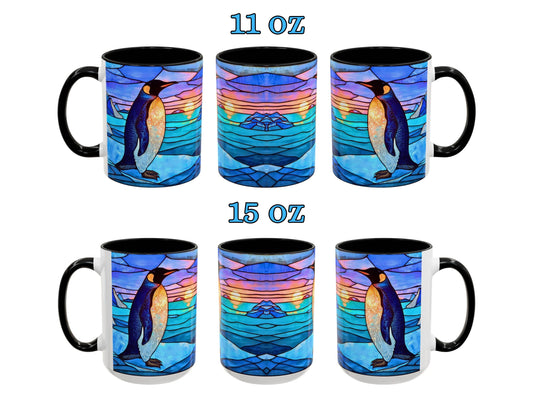 Set of six mugs with penguin design, two sizes labeled 11 oz and 15 oz.