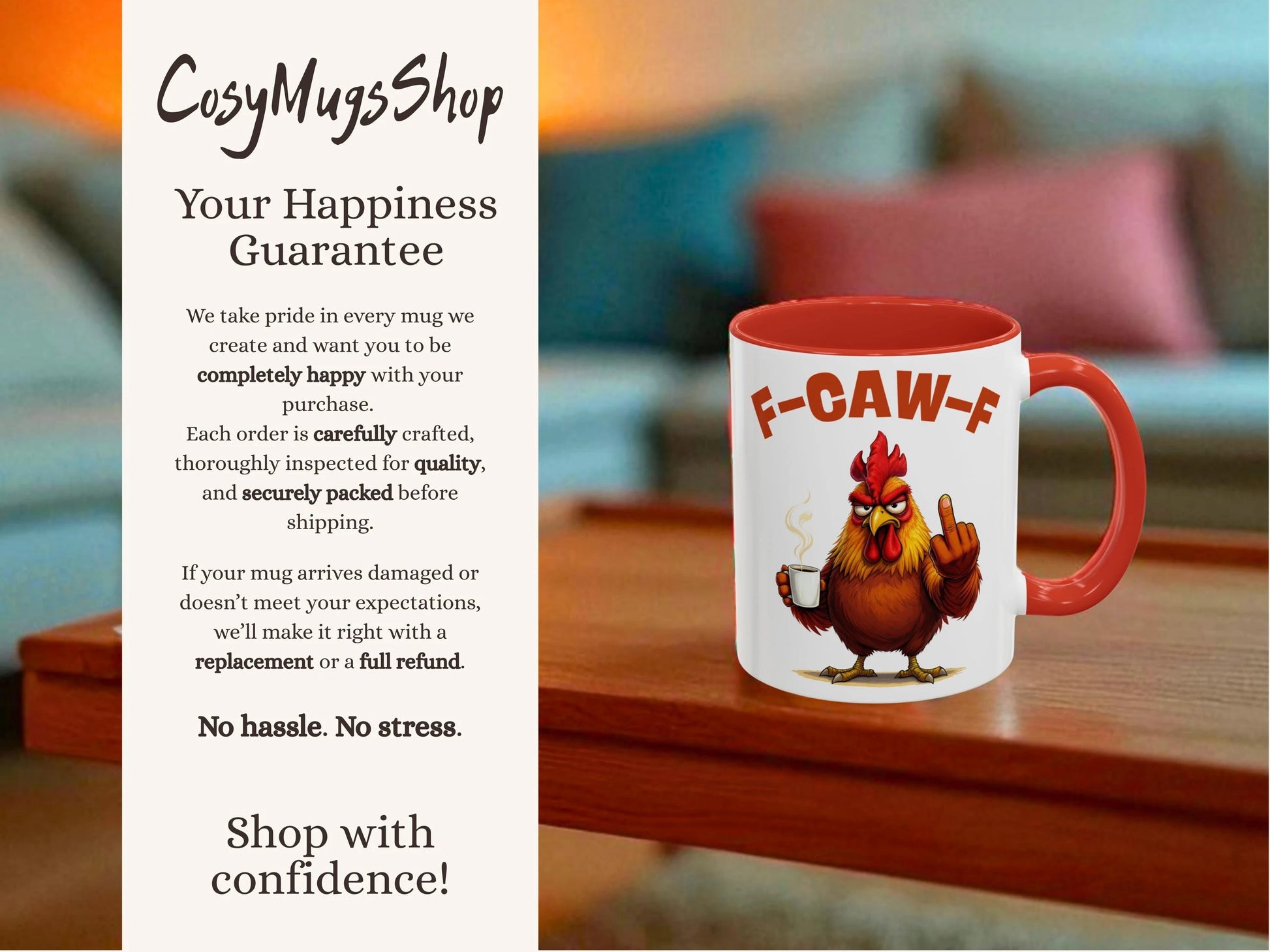 Mug with a rooster design and 'F-CAW-F' text on a wooden surface, with promotional text for 'CosyMugsShop' on the left.