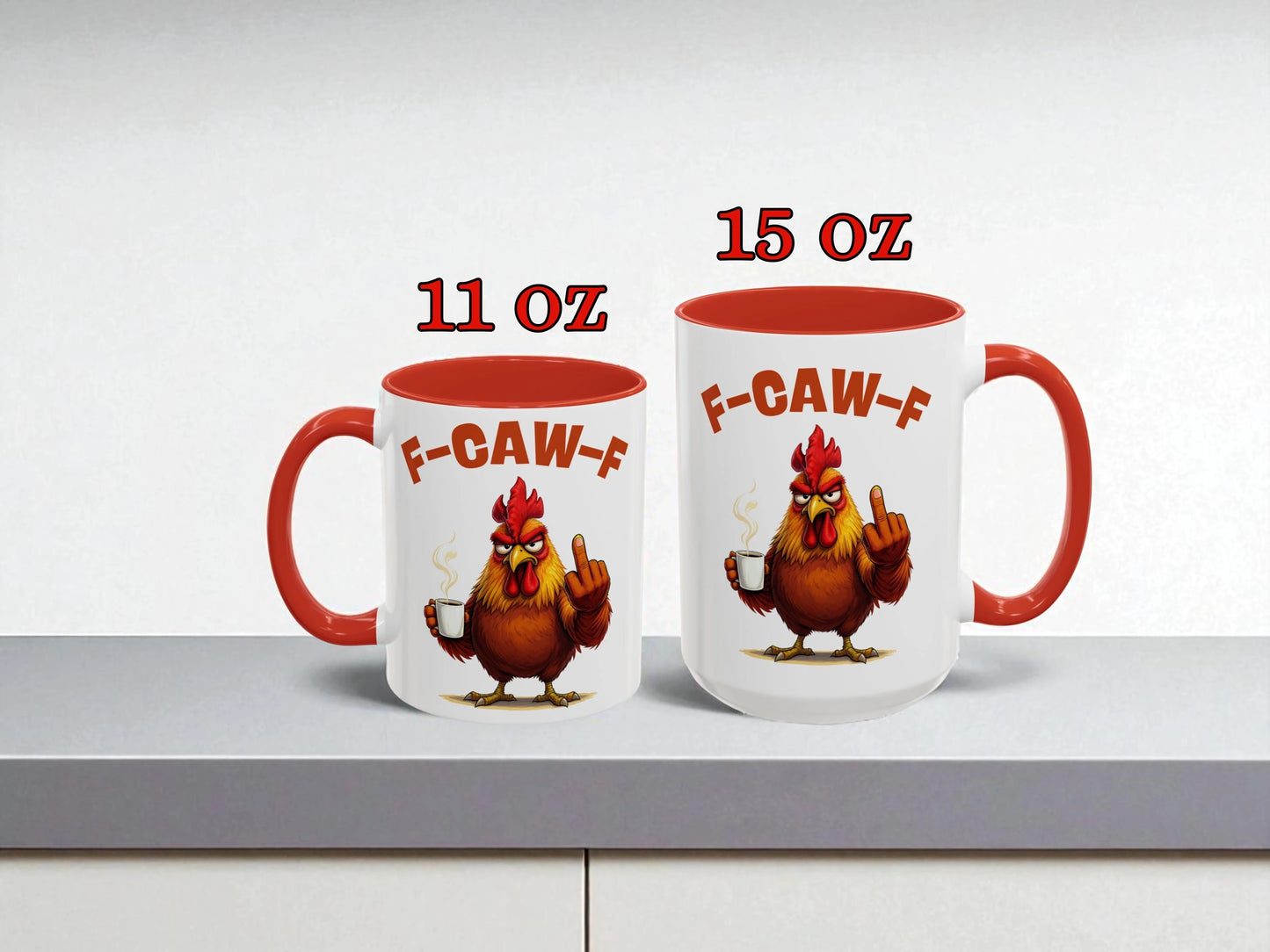 Two mugs with cartoon rooster design and 'F-CAW-F' text on a white background.