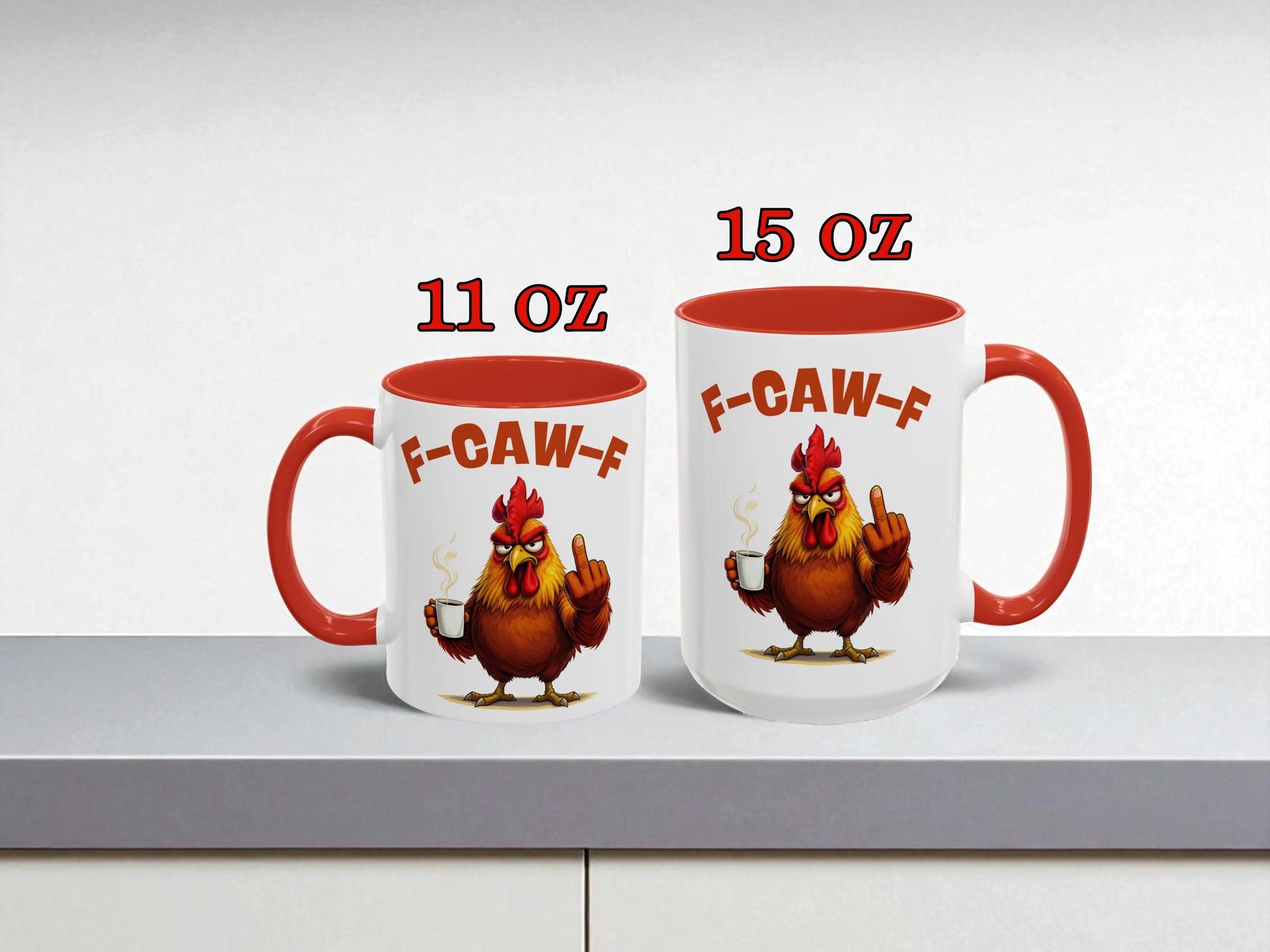 Two mugs with cartoon rooster design and 'F-CAW-F' text on a white background.