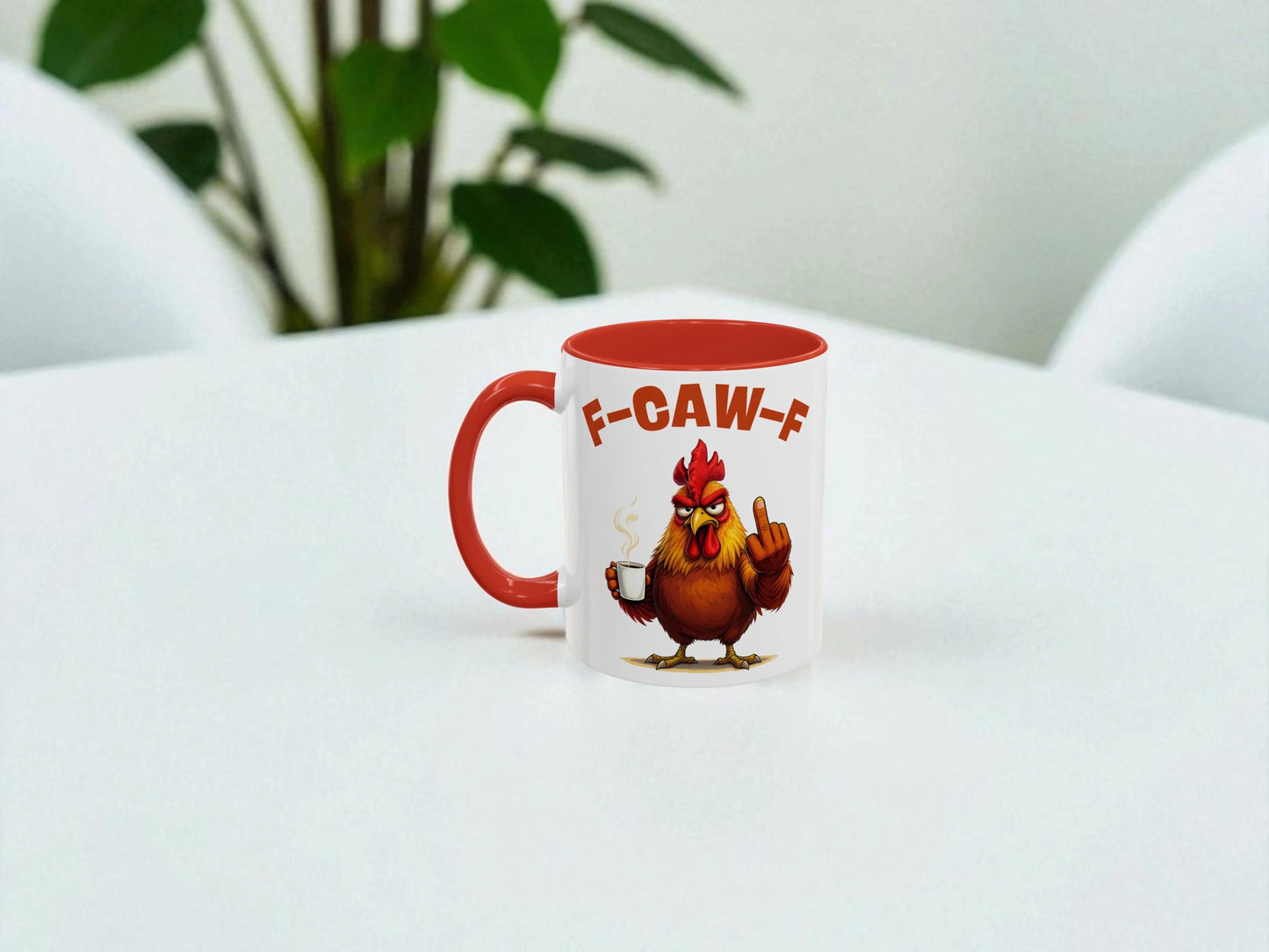Mug with a rooster design and 'F-CAW-F' text on a white surface.