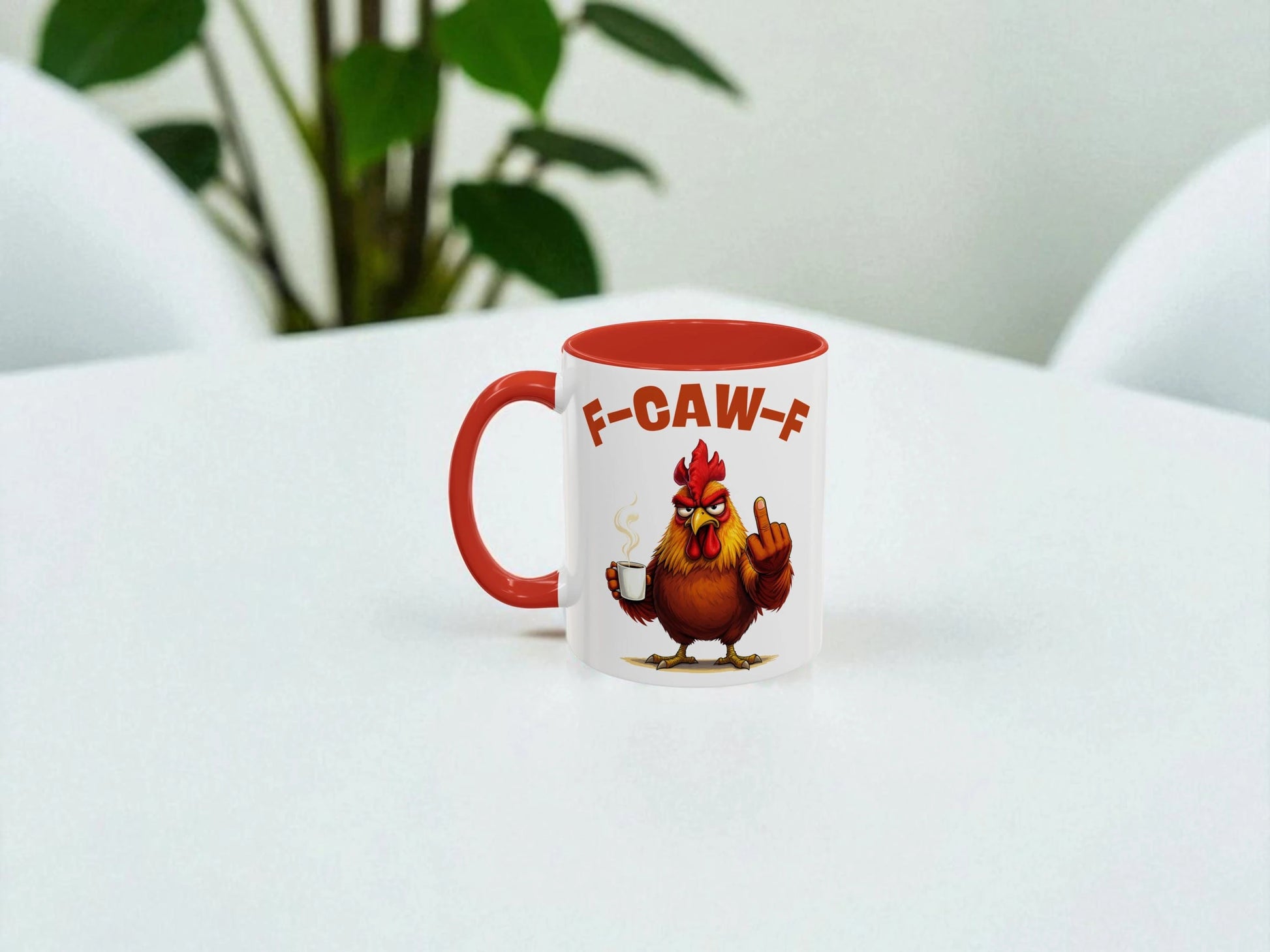 Mug with a rooster design and 'F-CAW-F' text on a white surface.