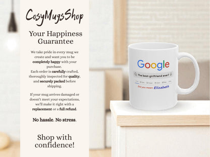 White mug with colorful text on a wooden surface, featuring 'CusyMugsShop' branding.