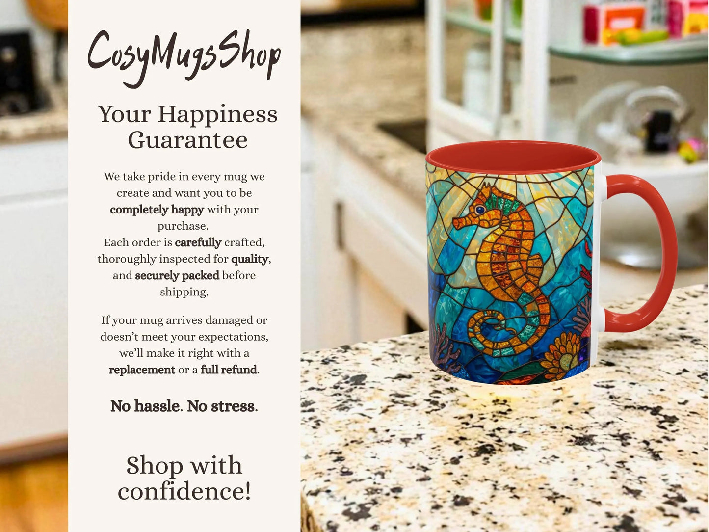 Colorful mug with seahorse design on a kitchen counter, featuring 'CosyMugsShop' text.