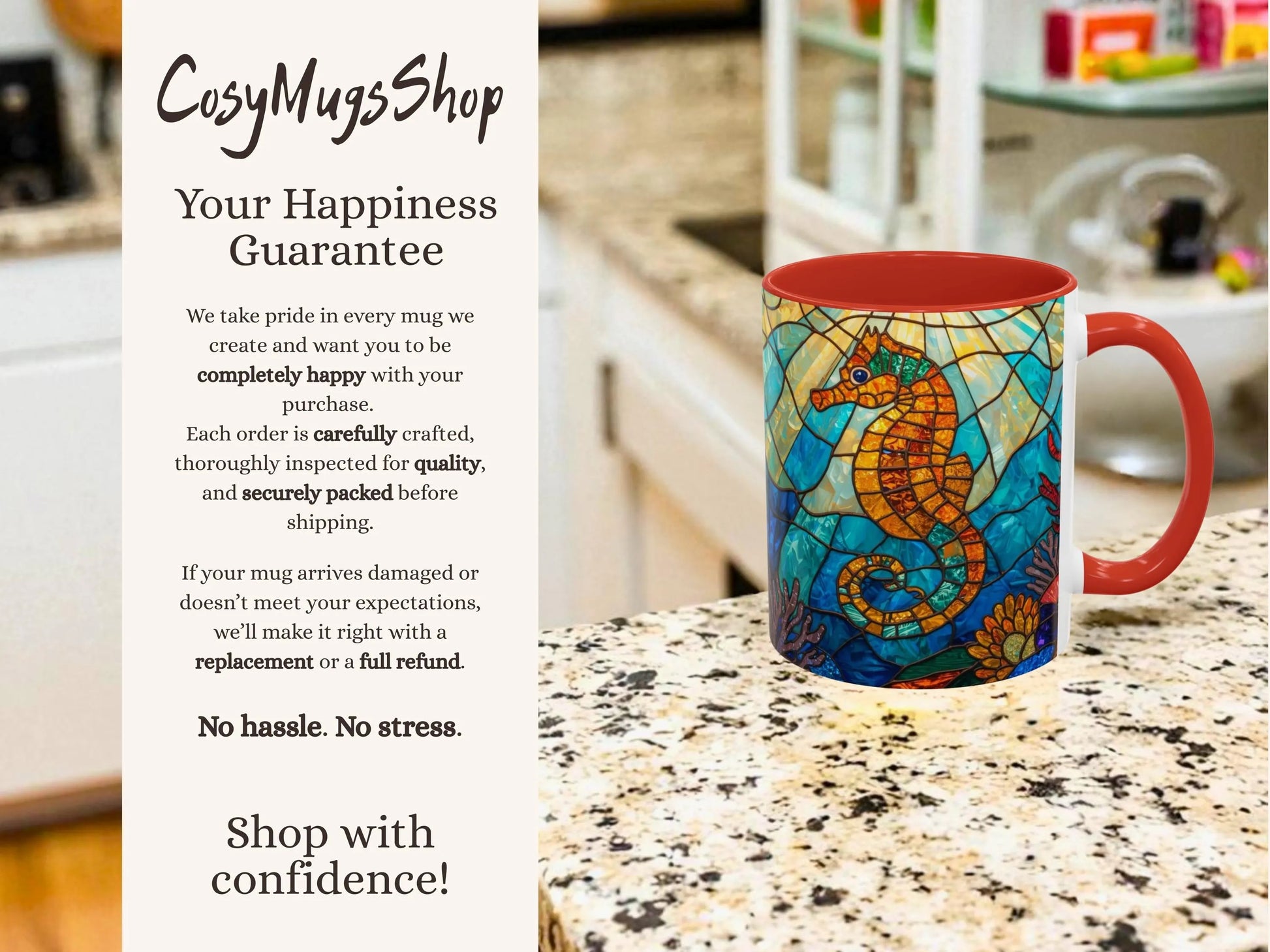Colorful mug with seahorse design on a kitchen counter, featuring 'CosyMugsShop' text.
