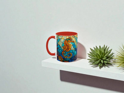 Colorful mug with seahorse design on a white shelf with plants