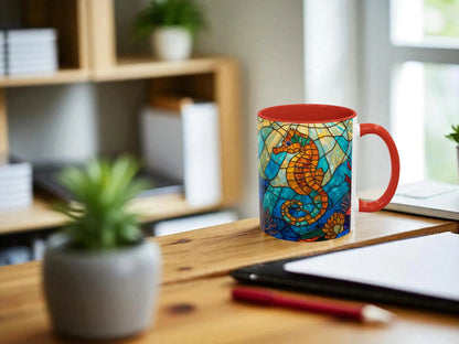 Colorful mug with a seahorse design on a wooden desk with a blurred background
