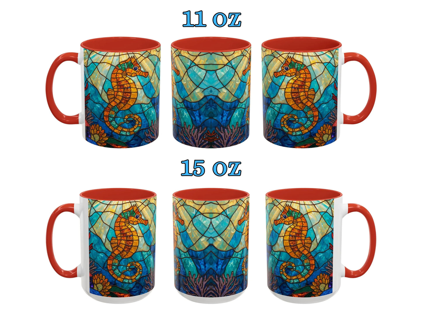 Set of mugs with seahorse design, 11 oz and 15 oz sizes, on a white background.