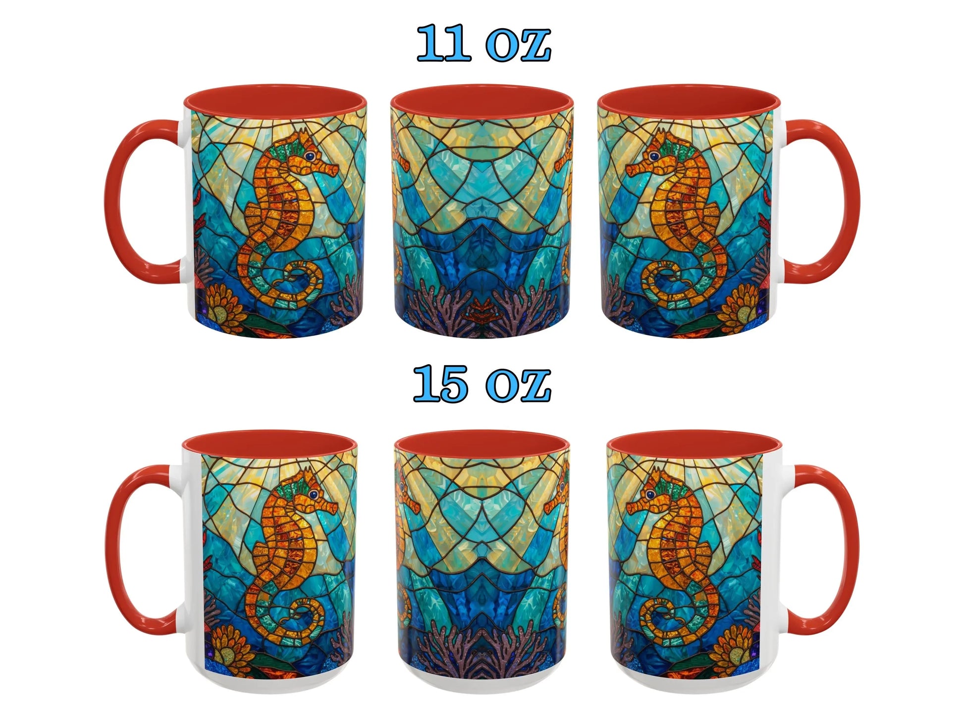 Set of mugs with seahorse design, 11 oz and 15 oz sizes, on a white background.