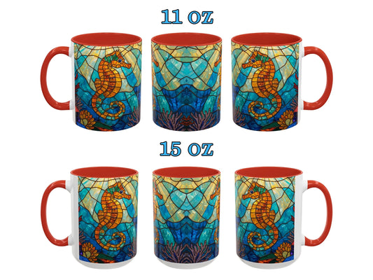 Set of mugs with seahorse design, 11 oz and 15 oz sizes, on a white background.