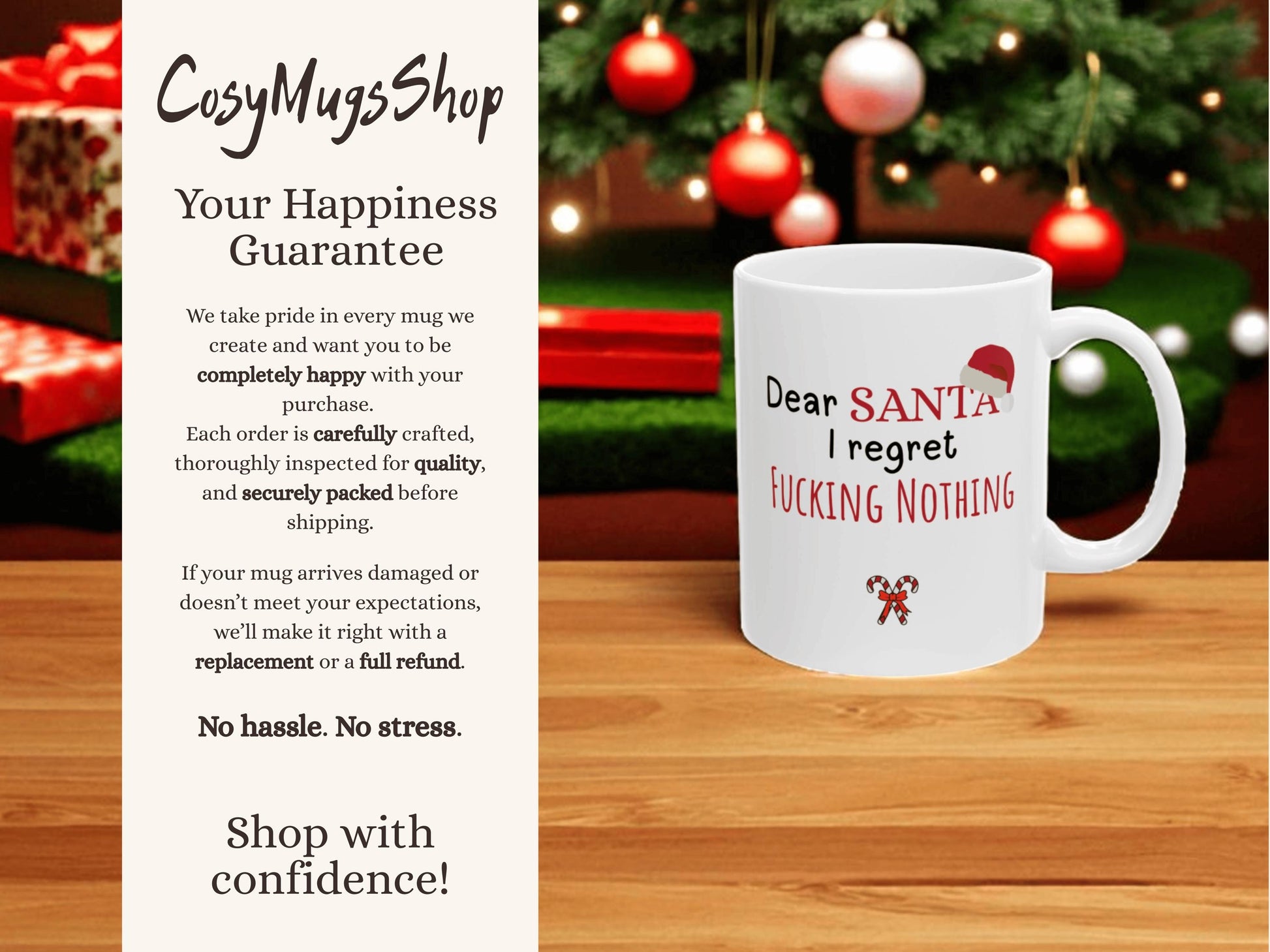 White mug with humorous text on a wooden surface with Christmas decorations in the background
