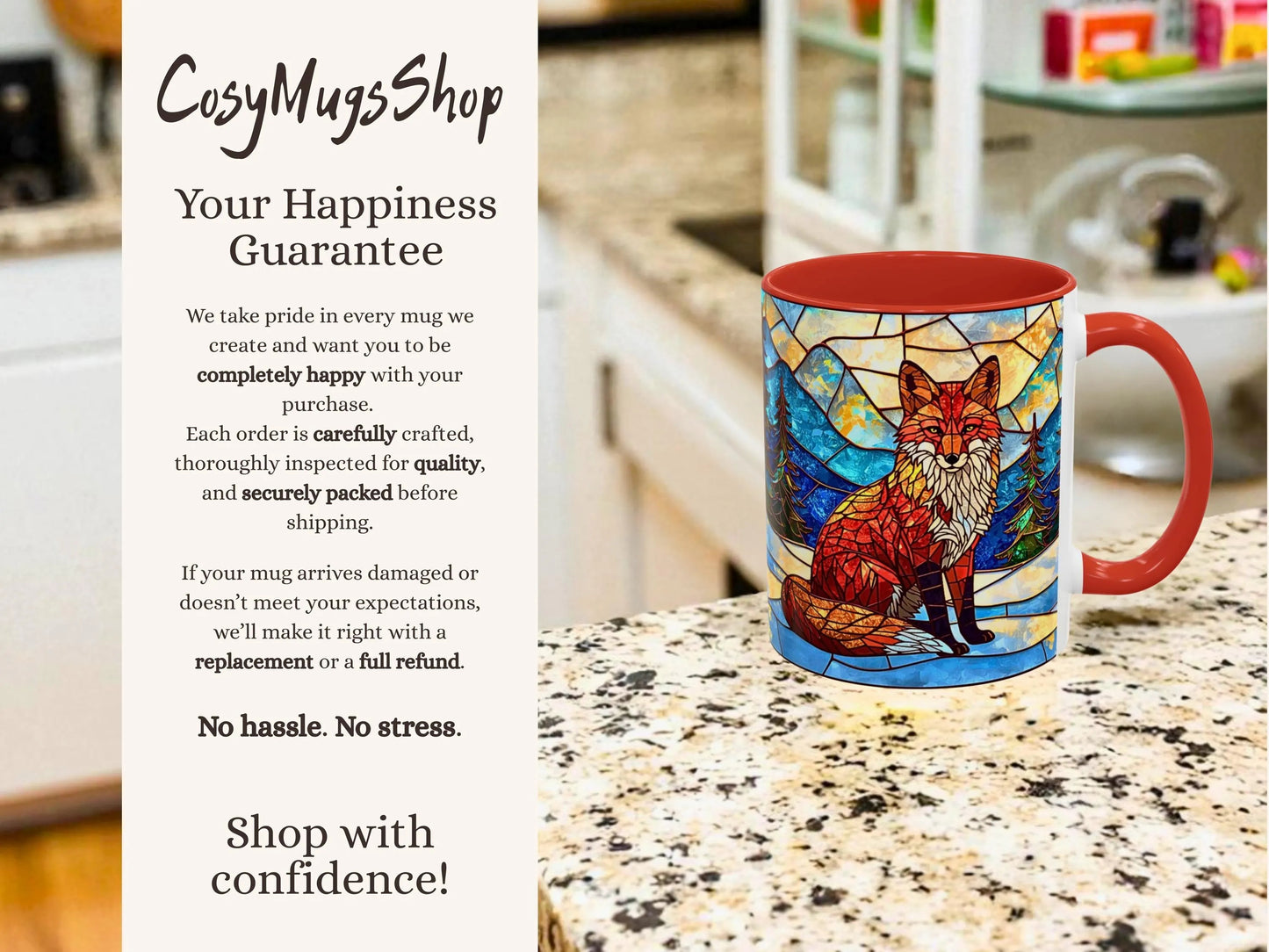 Stained glass-style mug with a fox design on a kitchen counter, featuring 'CosyMugsShop' text.