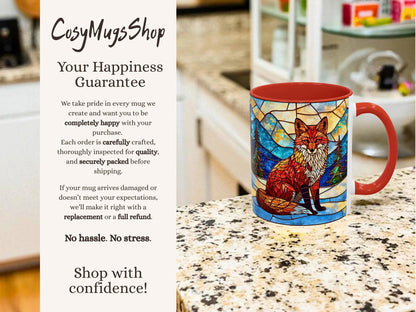 Stained glass-style mug with a fox design on a kitchen counter, featuring 'CosyMugsShop' text.