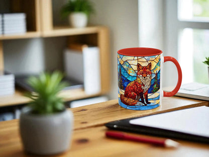Colorful mug with a fox design on a wooden desk