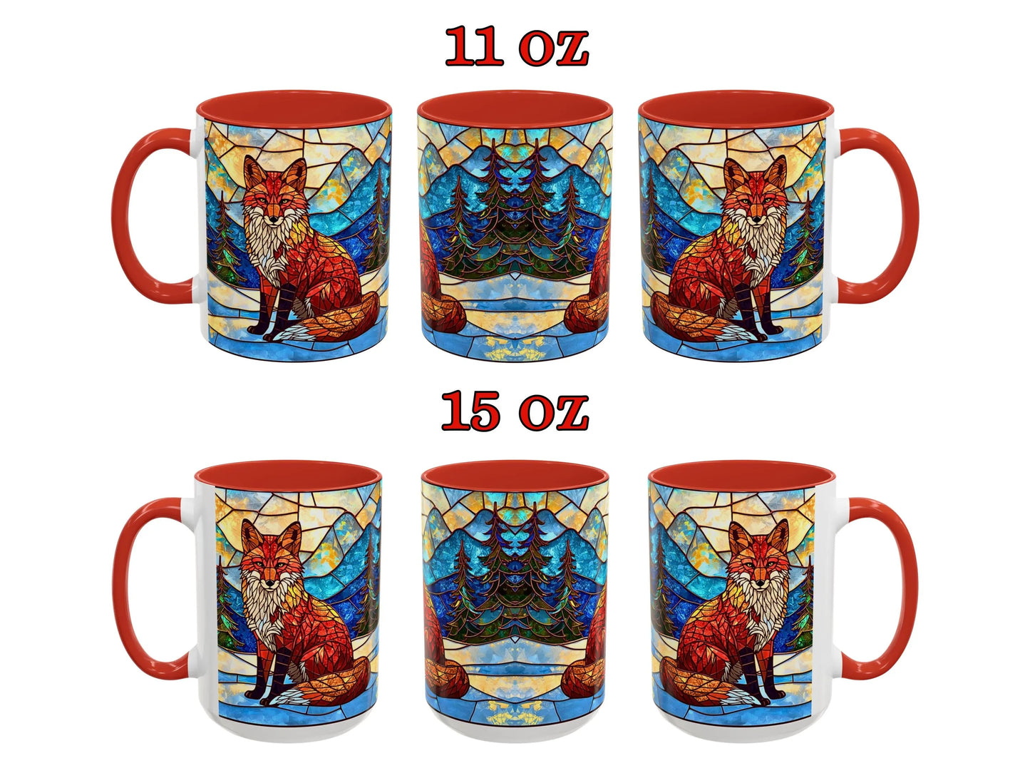 Two sets of mugs with fox designs and red handles on a white background.