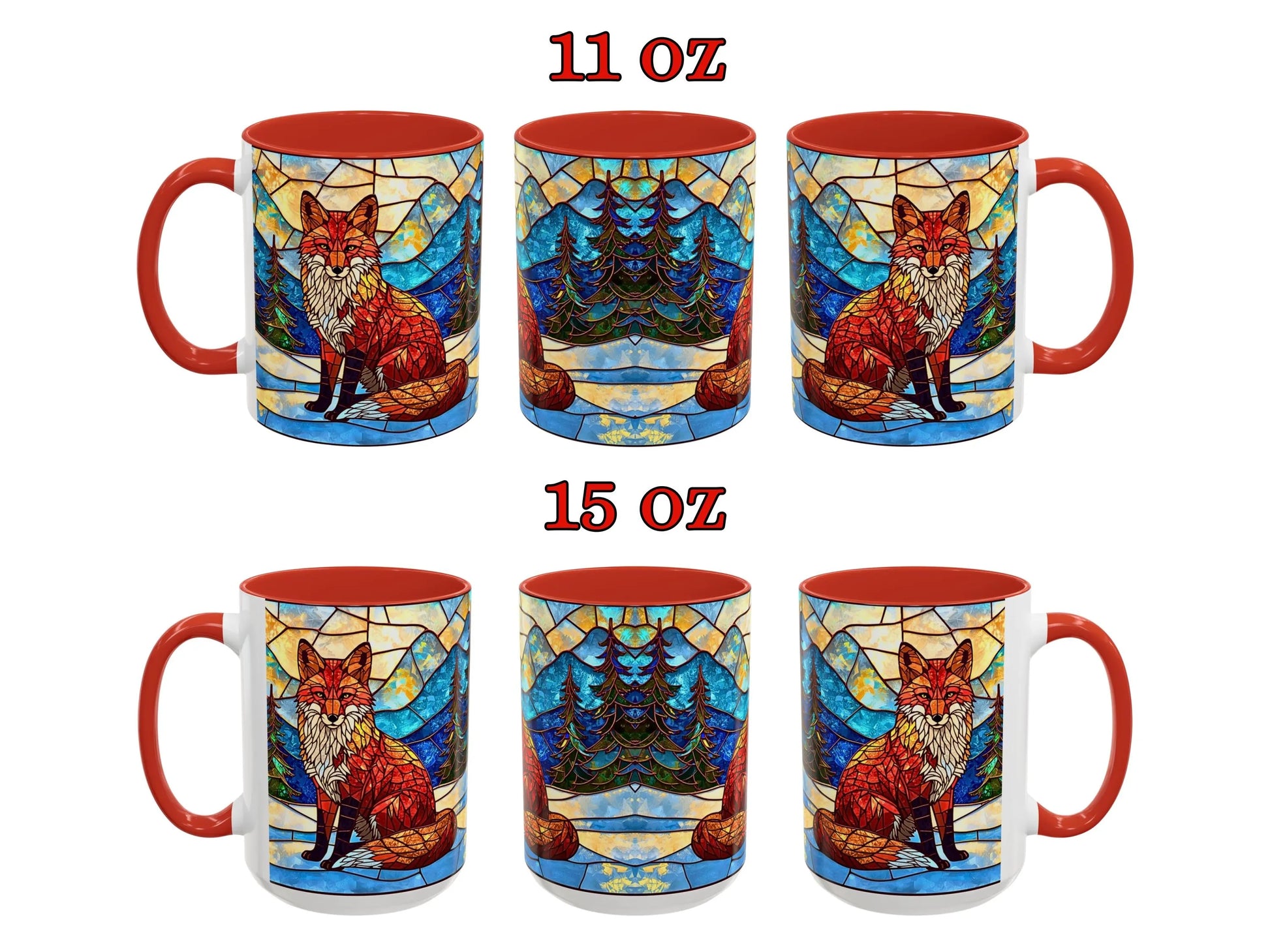 Two sets of mugs with fox designs and red handles on a white background.