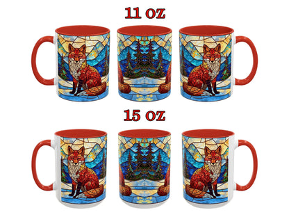 Two sets of mugs with fox designs and red handles on a white background.